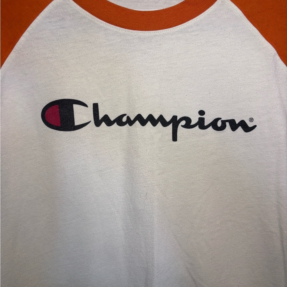 Champion White Body Raglan Tee with Orange Sleeves vintage size L men - Picture 2 of 5